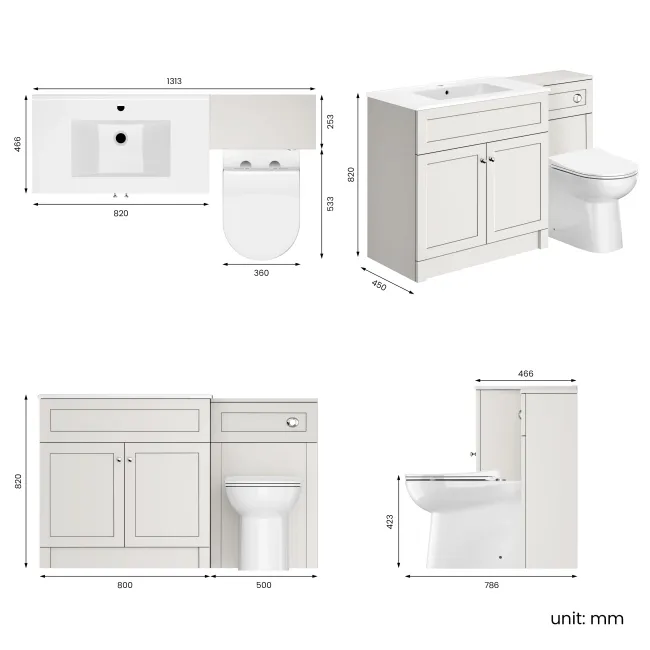 Milos Cotton White Combination Vanity Basin and Aruba Toilet 1300mm - Chrome Handles
