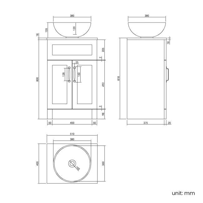 Milos Cotton White Vanity with Mesa Basin 500mm - Traditional Handles