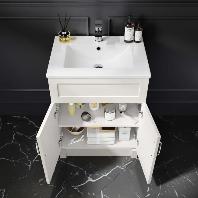 Milos Cotton White Basin Vanity 600mm - Traditional Handles