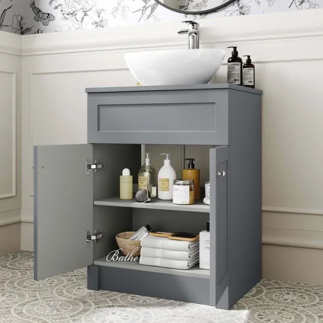 Milos Fog Grey Vanity with Oval Basin 600mm - Brushed Handles