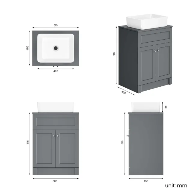 Milos Fog Grey Vanity with Troy Basin 600mm - Brushed Handles