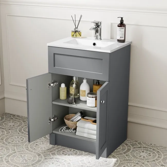 Milos Fog Grey Combination Vanity Basin and Aruba Toilet 1000mm - Chrome Handles