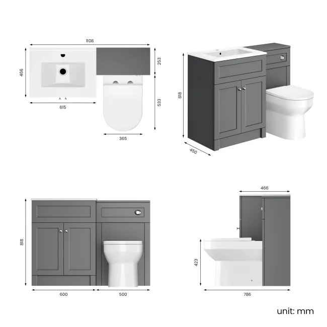 Milos Fog Grey Combination Vanity Basin and Miami Toilet 1100mm - Chrome Handles