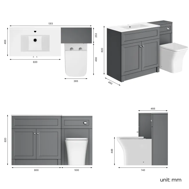 Milos Fog Grey Combination Vanity Basin and Houston Toilet 1300mm - Chrome Handles