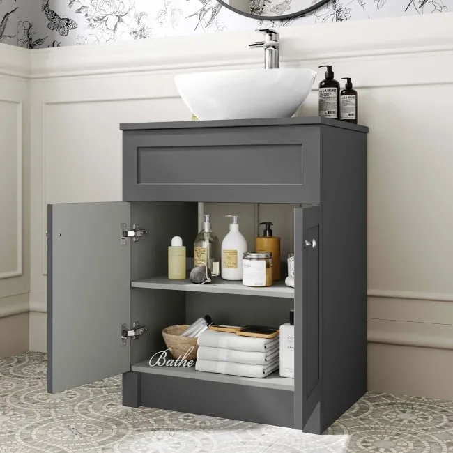 Milos Slate Grey Vanity with Oval Basin 600mm - Brushed Handles