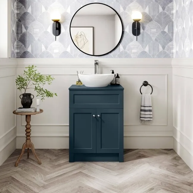 Milos Navy Blue Vanity with Oval Basin 600mm - Brushed Handles