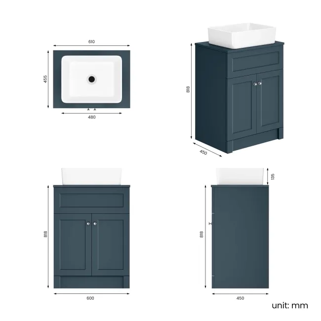 Milos Navy Blue Vanity with Troy Basin 600mm - Brushed Handles