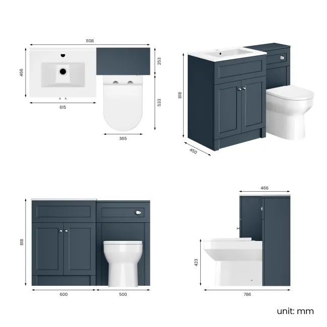 Milos Navy Blue Combination Vanity Basin and Miami Toilet 1100mm - Chrome Handles