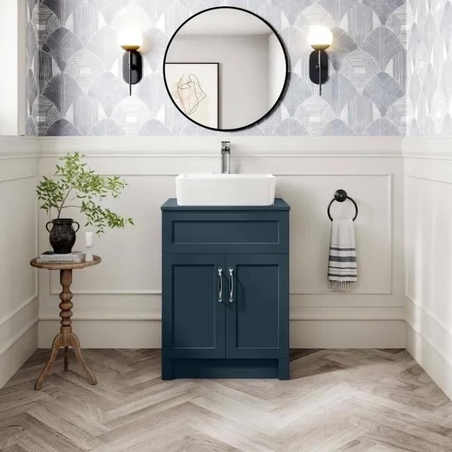 Milos Navy Blue Vanity with Troy Basin 600mm - Traditional Handles