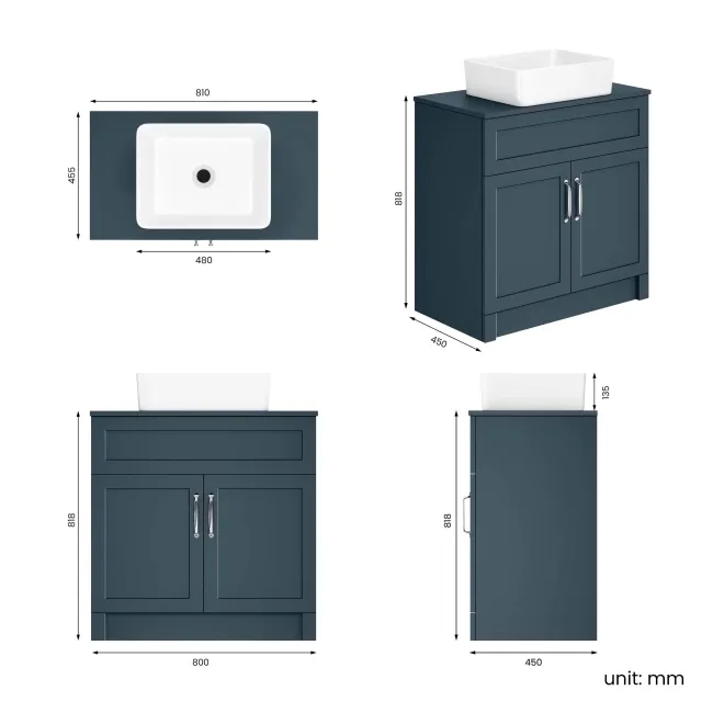 Milos Navy Blue Vanity with Troy Basin 800mm - Traditional Handles