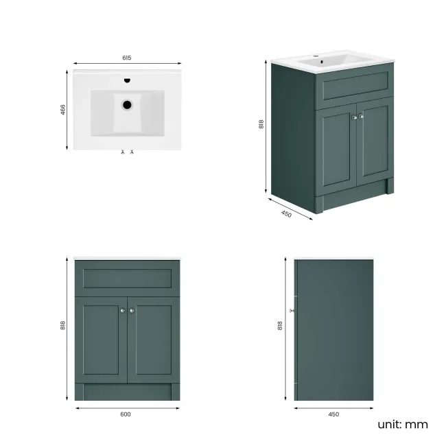 Milos Mystic Green Basin Vanity 600mm - Brushed Handles