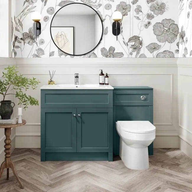 Milos Mystic Green Combination Vanity Basin and Miami Toilet 1300mm - Chrome Handles