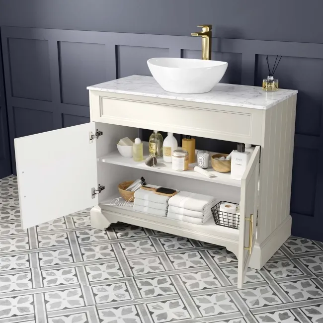 Lucia Chalk White Vanity with Marble Top & Oval Counter Top Basin 1030mm - Brass Knurled Handles