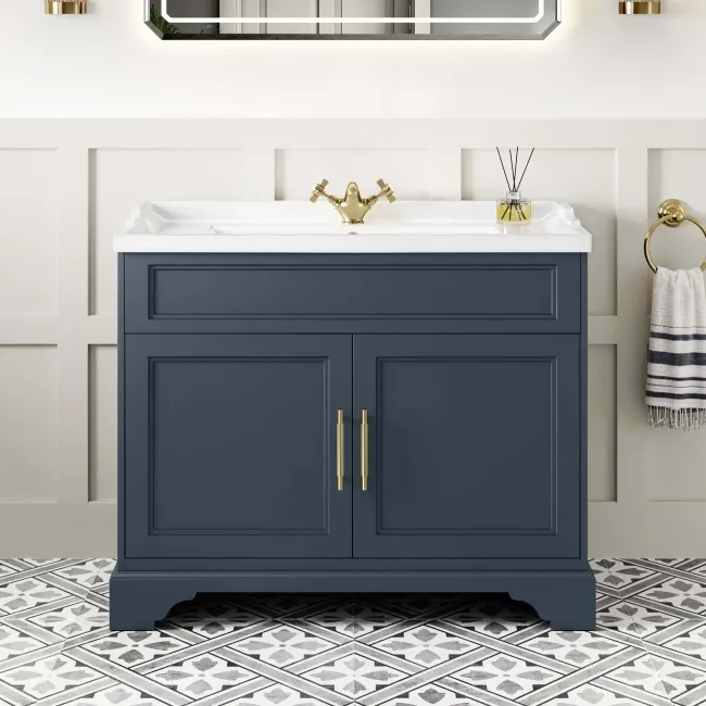 Lucia Inky Blue Basin Vanity 1030mm - Brass Knurled Handles