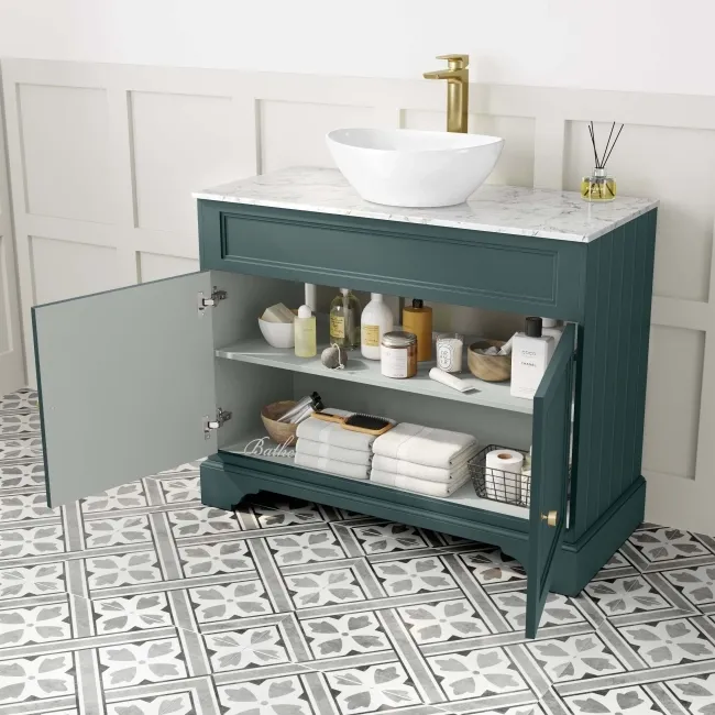 Lucia Midnight Green Vanity with Marble Top & Oval Counter Top Basin 1030mm - Brushed Brass Accents