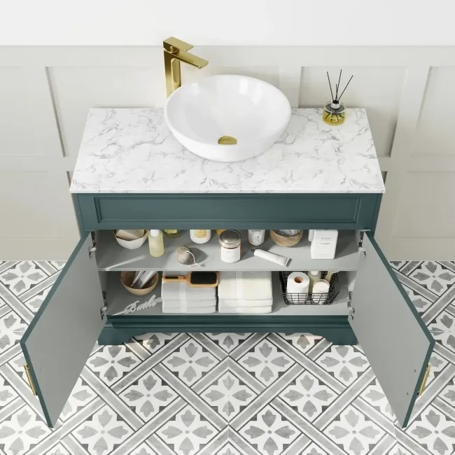 Lucia Midnight Green Vanity with Marble Top & Round Counter Top Basin 1030mm - Brass Knurled Handles