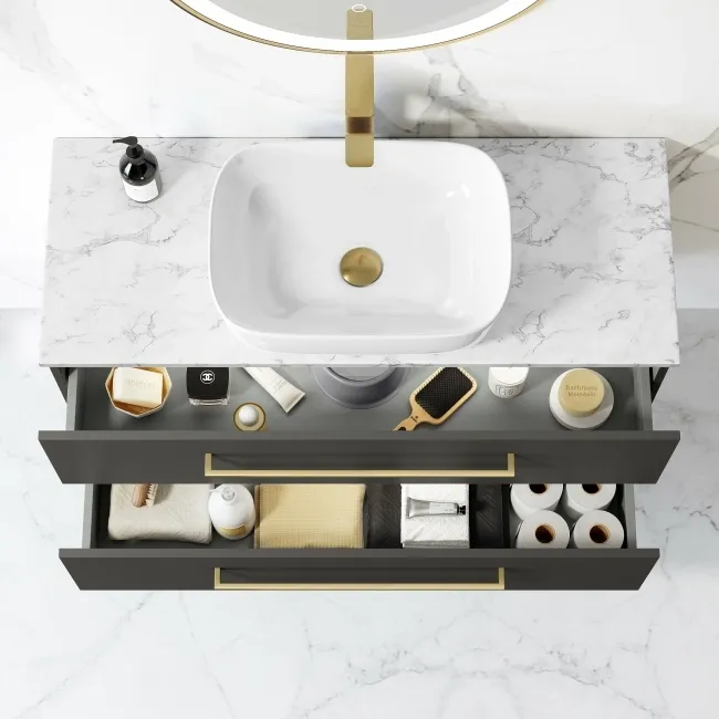 Elba Graphite Grey Wall Hung Drawer Vanity with Marble Top & Curved Counter Top Basin 1000mm - Brushed Brass Accents