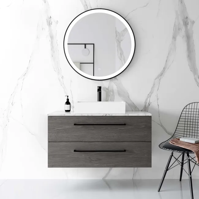 Elba Charcoal Elm Wall Hung Drawer Vanity with Marble Top & Cody Basin 1000mm - Black Accents