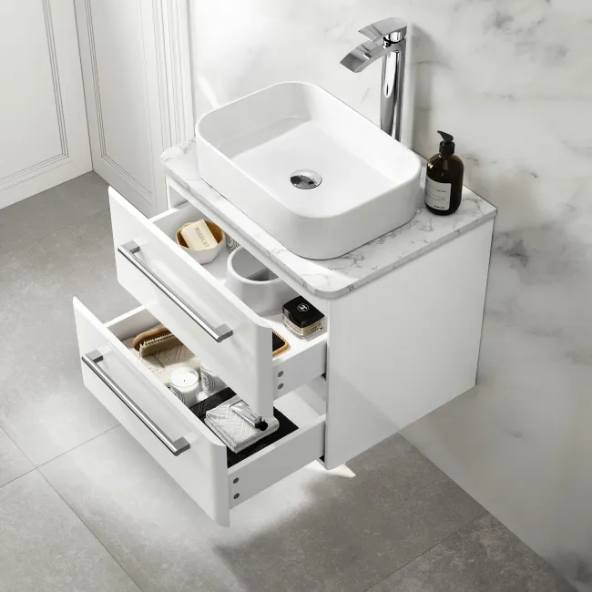Omaha Gloss White Wall Hung Drawer Vanity with Marble Top & Marin Basin 600mm