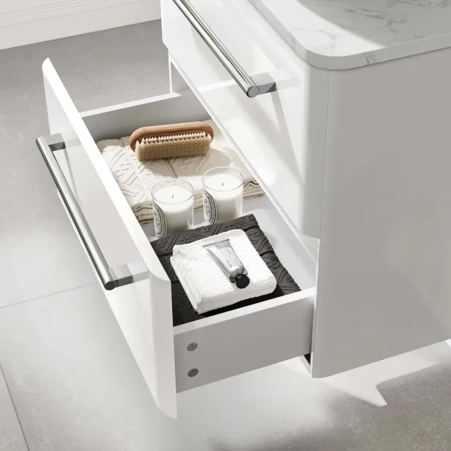 Omaha Gloss White Wall Hung Drawer Vanity with Marble Top & Marin Basin 600mm