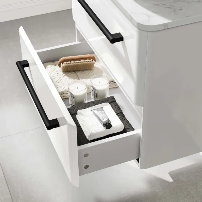 Omaha Gloss White Wall Hung Drawer Vanity with Marble Top & Curved Counter Top Basin 600mm - Black Accents