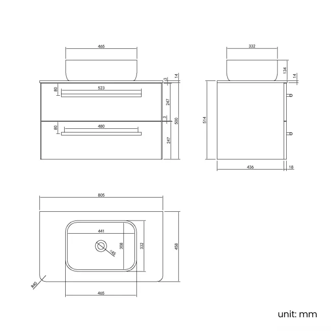 Omaha Slate Grey Wall Hung Drawer Vanity with Marble Top & Curved Counter Top Basin 800mm - Black Accents
