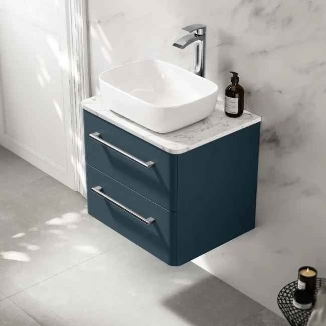 Omaha Navy Blue Wall Hung Drawer Vanity with Marble Top & Curved Counter Top Basin 600mm