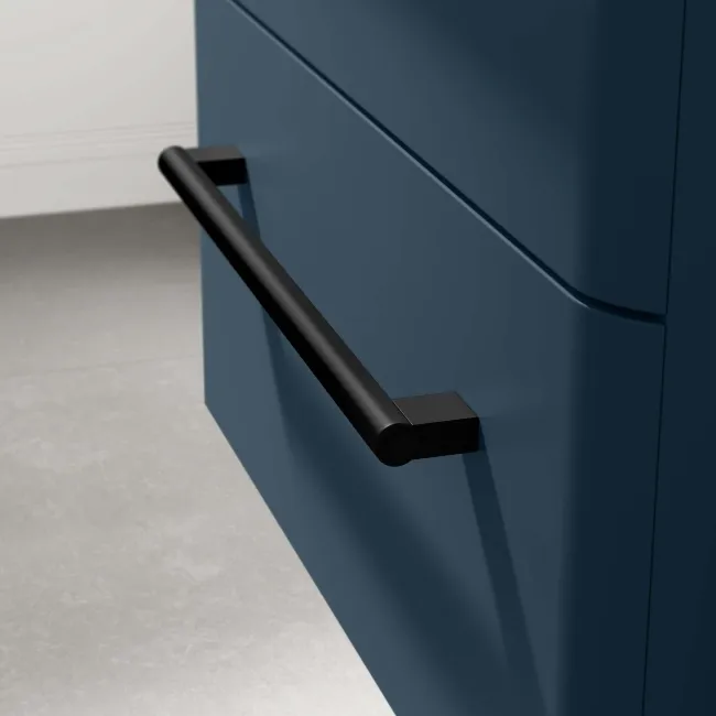 Omaha Navy Blue Wall Hung Drawer Vanity with Marble Top & Curved Counter Top Basin 600mm - Black Accents