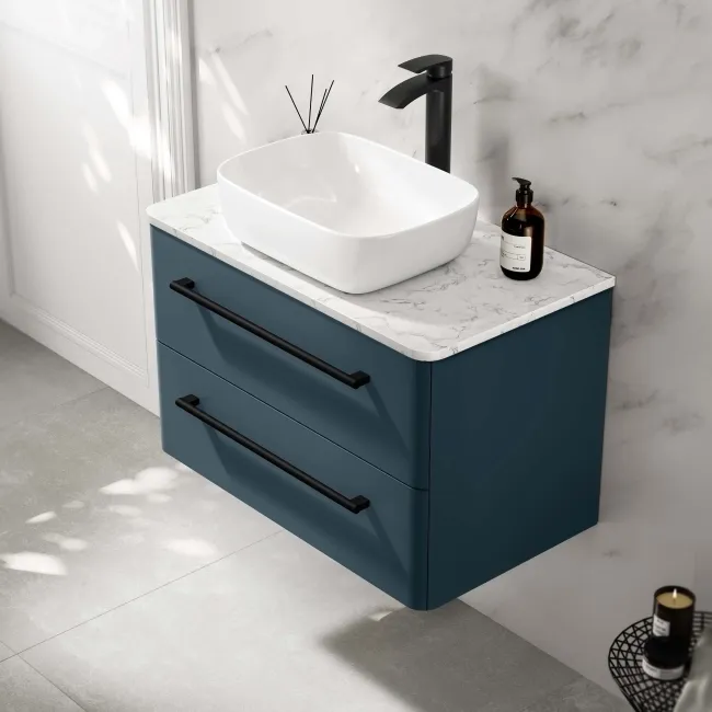 Omaha Navy Blue Wall Hung Drawer Vanity with Marble Top & Curved Counter Top Basin 800mm - Black Accents
