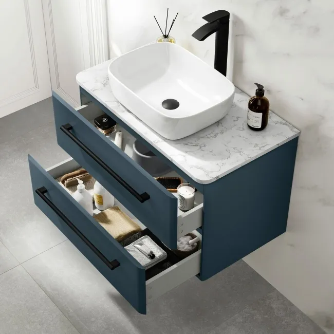 Omaha Navy Blue Wall Hung Drawer Vanity with Marble Top & Curved Counter Top Basin 800mm - Black Accents