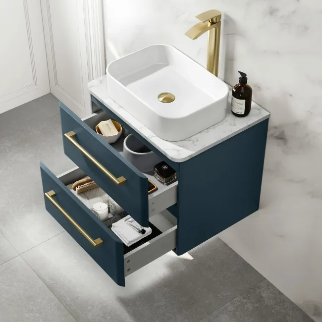 Omaha Navy Blue Wall Hung Drawer Vanity with Marble Top & Marin Basin 600mm - Brushed Brass Accents