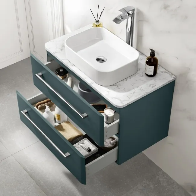 Omaha Mystic Green Wall Hung Drawer Vanity with Marble Top & Marin Basin 800mm