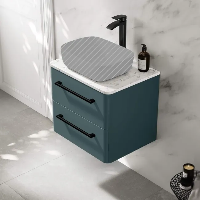Omaha Mystic Green Wall Hung Drawer Vanity with Marble Top 600mm (Excludes Counter Top Basin) - Black Accents