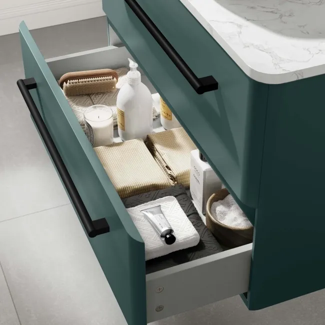 Omaha Mystic Green Wall Hung Drawer Vanity with Marble Top & Curved Counter Top Basin 800mm - Black Accents
