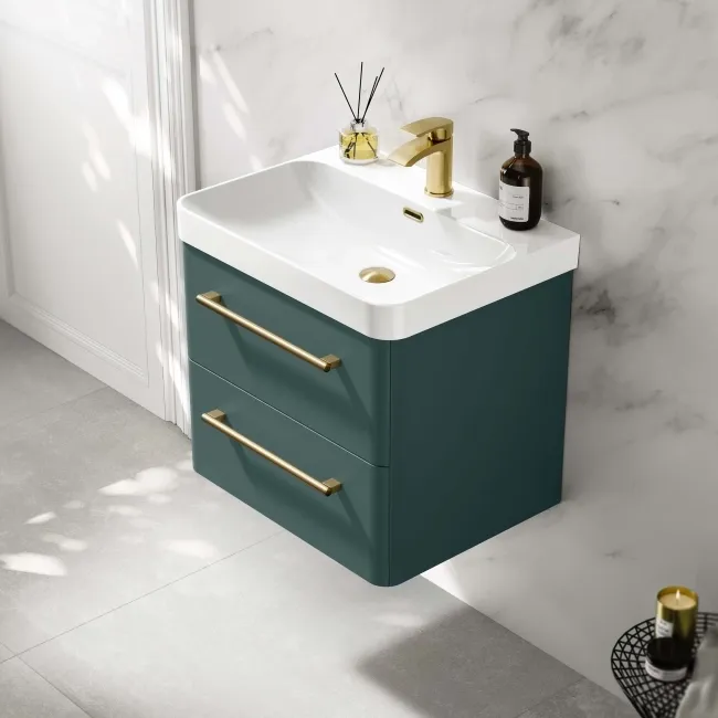 Omaha Mystic Green Wall Hung Basin Drawer Vanity 600mm - Brushed Brass Accents