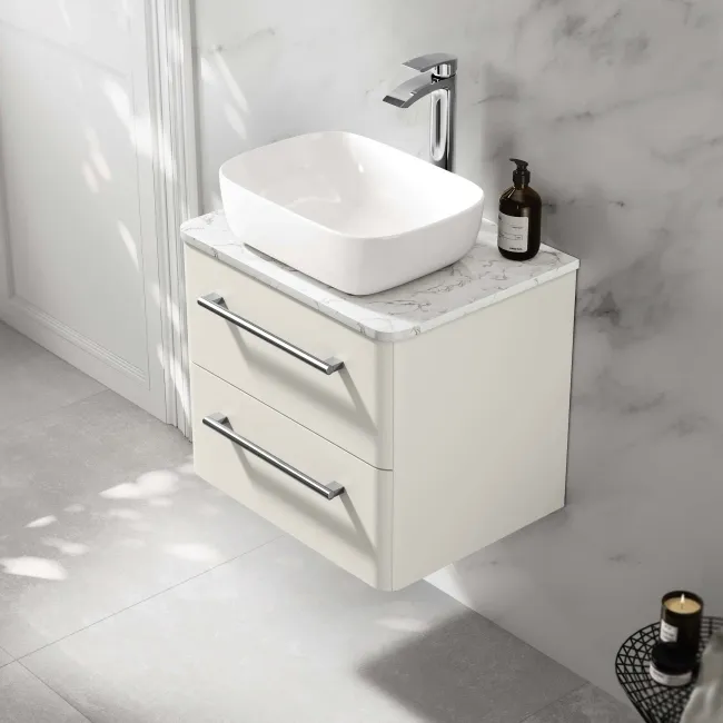 Omaha Linen White Wall Hung Drawer Vanity with Marble Top & Curved Counter Top Basin 600mm