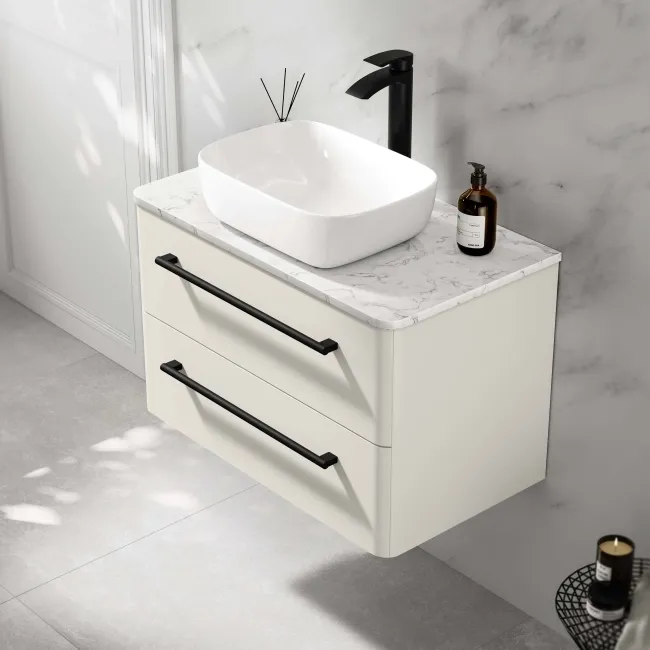 Omaha Linen White Wall Hung Drawer Vanity with Marble Top & Curved Counter Top Basin 800mm - Black Accents