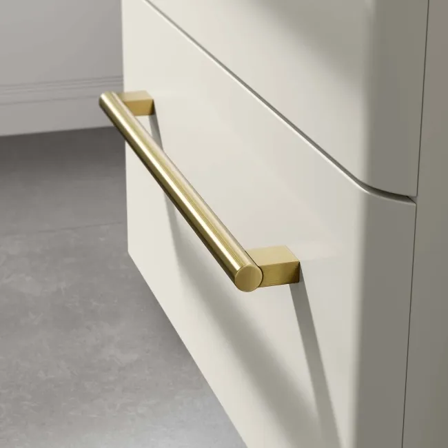 Omaha Linen White Wall Hung Drawer Vanity with Marble Top & Curved Counter Top Basin 600mm - Brushed Brass Accents