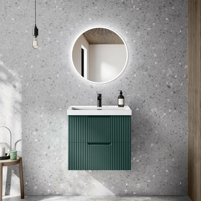 Crete Fluted Mystic Green Wall Hung Basin Drawer Vanity 600mm