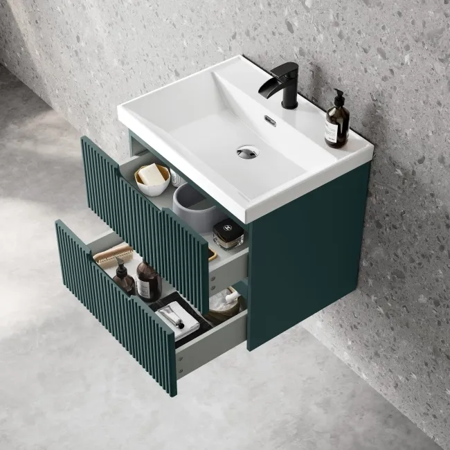 Crete Fluted Mystic Green Wall Hung Basin Drawer Vanity 600mm