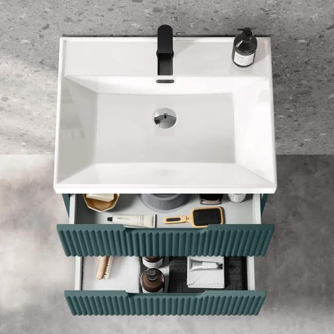 Crete Fluted Mystic Green Wall Hung Basin Drawer Vanity 600mm