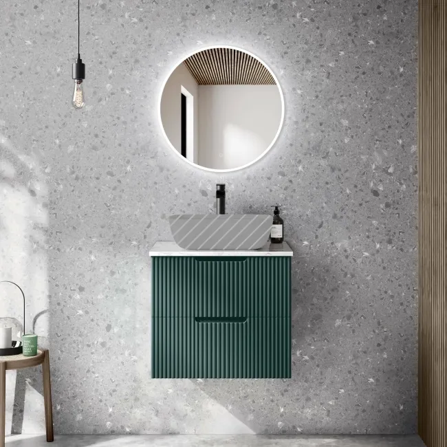 Crete Fluted Mystic Green Wall Hung Drawer Vanity with Marble Top 600mm - Excludes Counter Top Basin