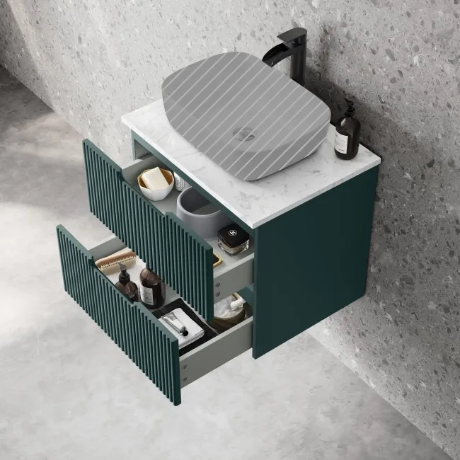 Crete Fluted Mystic Green Wall Hung Drawer Vanity with Marble Top 600mm - Excludes Counter Top Basin