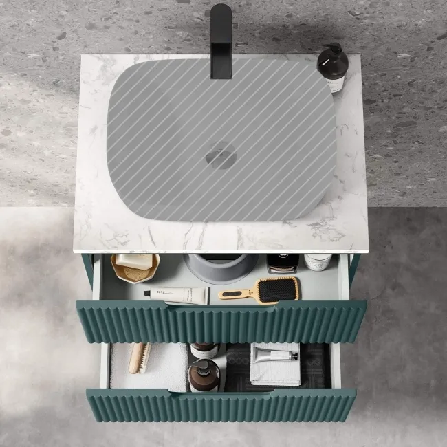 Crete Fluted Mystic Green Wall Hung Drawer Vanity with Marble Top 600mm - Excludes Counter Top Basin