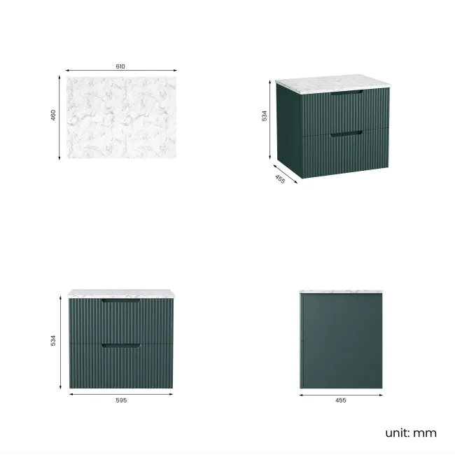 Crete Fluted Mystic Green Wall Hung Drawer Vanity with Marble Top 600mm - Excludes Counter Top Basin