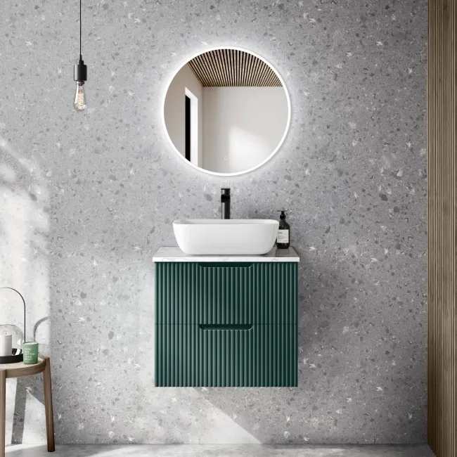 Crete Fluted Mystic Green Wall Hung Drawer Vanity with Marble Top & Curved Basin 600mm
