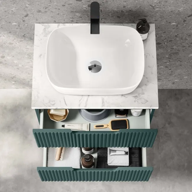 Crete Fluted Mystic Green Wall Hung Drawer Vanity with Marble Top & Curved Basin 600mm