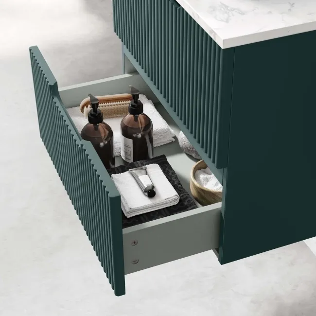 Crete Fluted Mystic Green Wall Hung Drawer Vanity with Marble Top & Curved Basin 600mm