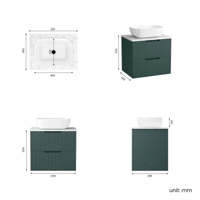 Crete Fluted Mystic Green Wall Hung Drawer Vanity with Marble Top & Curved Basin 600mm