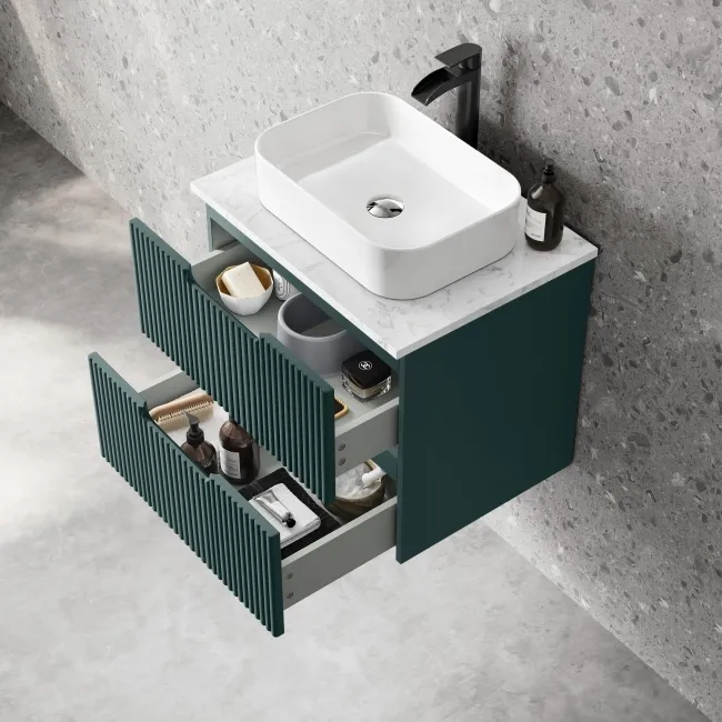 Crete Fluted Mystic Green Wall Hung Drawer Vanity with Marble Top & Marin Basin 600mm